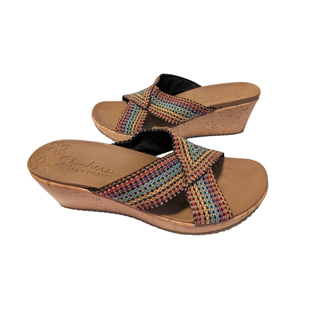 Skechers Luxe Foam Multicolor Woven Wedge Sandals US 10 Y2K Platform Slide 38554